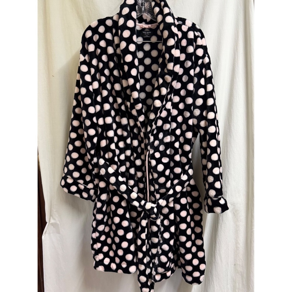Kate Spade New York Women Black Pink Polka Dot Plush Fleece Robe L/XL